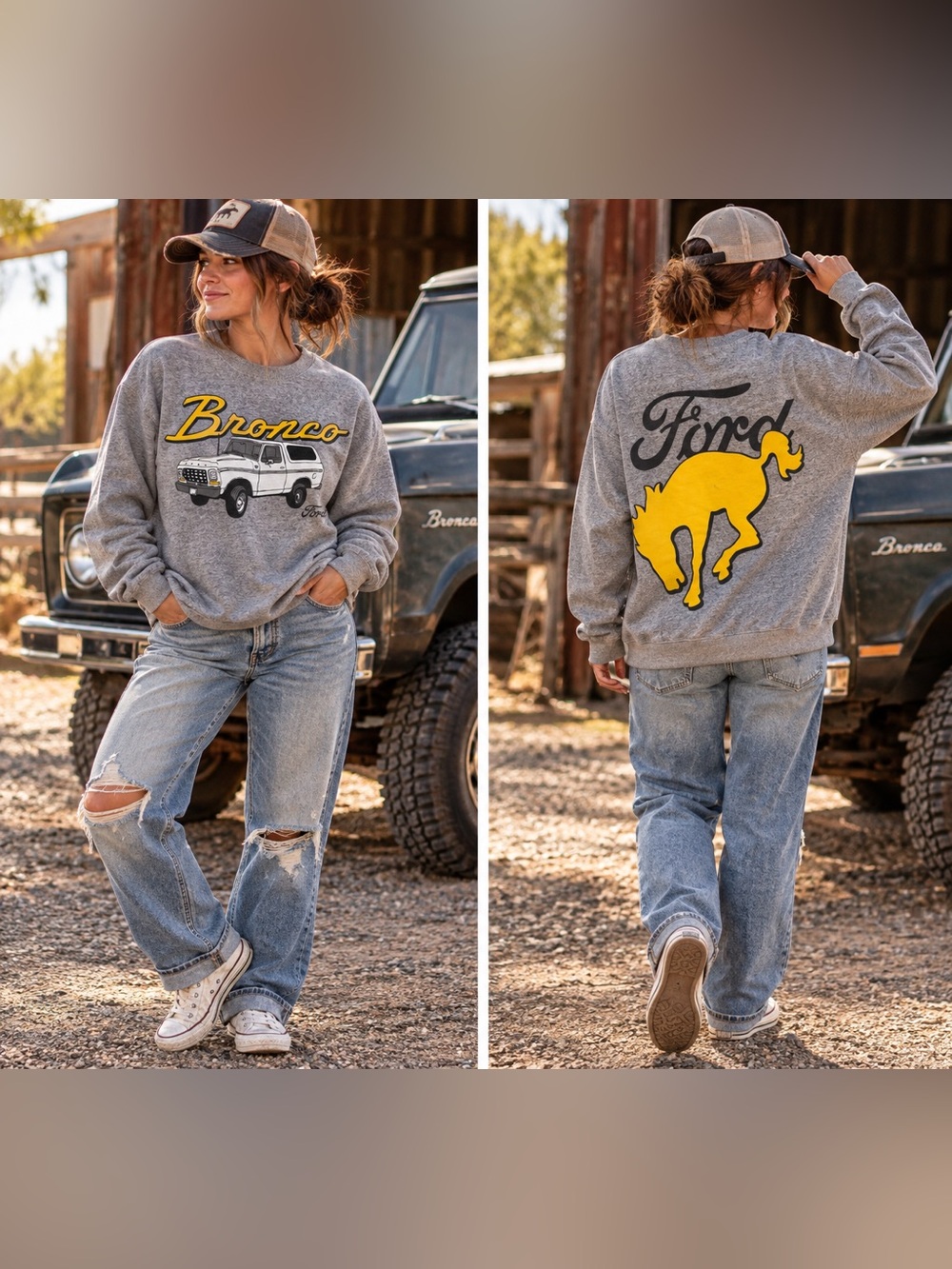 Ford Bronco Gray Graphic Crewneck Sweatshirt Bucking Horse Size S